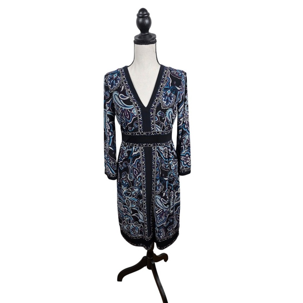 INC Faux Wrap Dress Womens Medium Blue Paisley Long Sleeve Empire Waist V-Neck